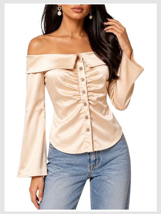 Anthropologie Tops - Anthropologie Off Shoulder Satin Ruched Blouse Champagne Cream XS